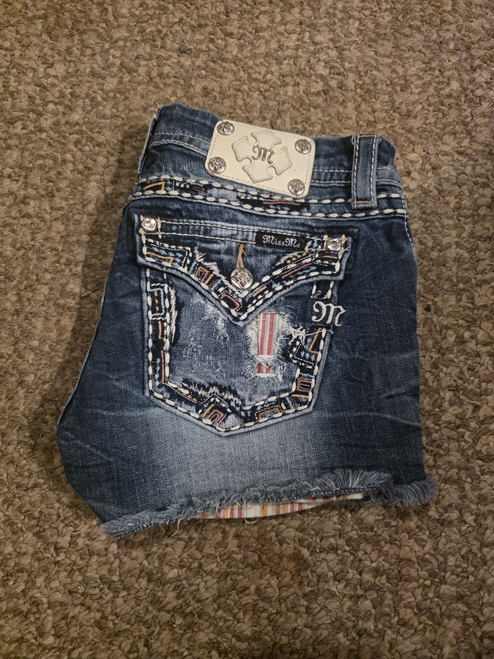 Miss Me Dark Blue Embroidered Denim Jean Shorts